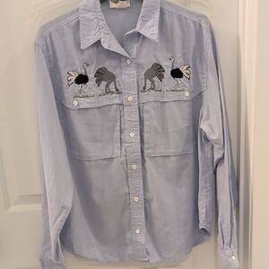 Women's Light Blue Cotton Button Down Long Sleeve Bird Ostrich Embroidered Shirt